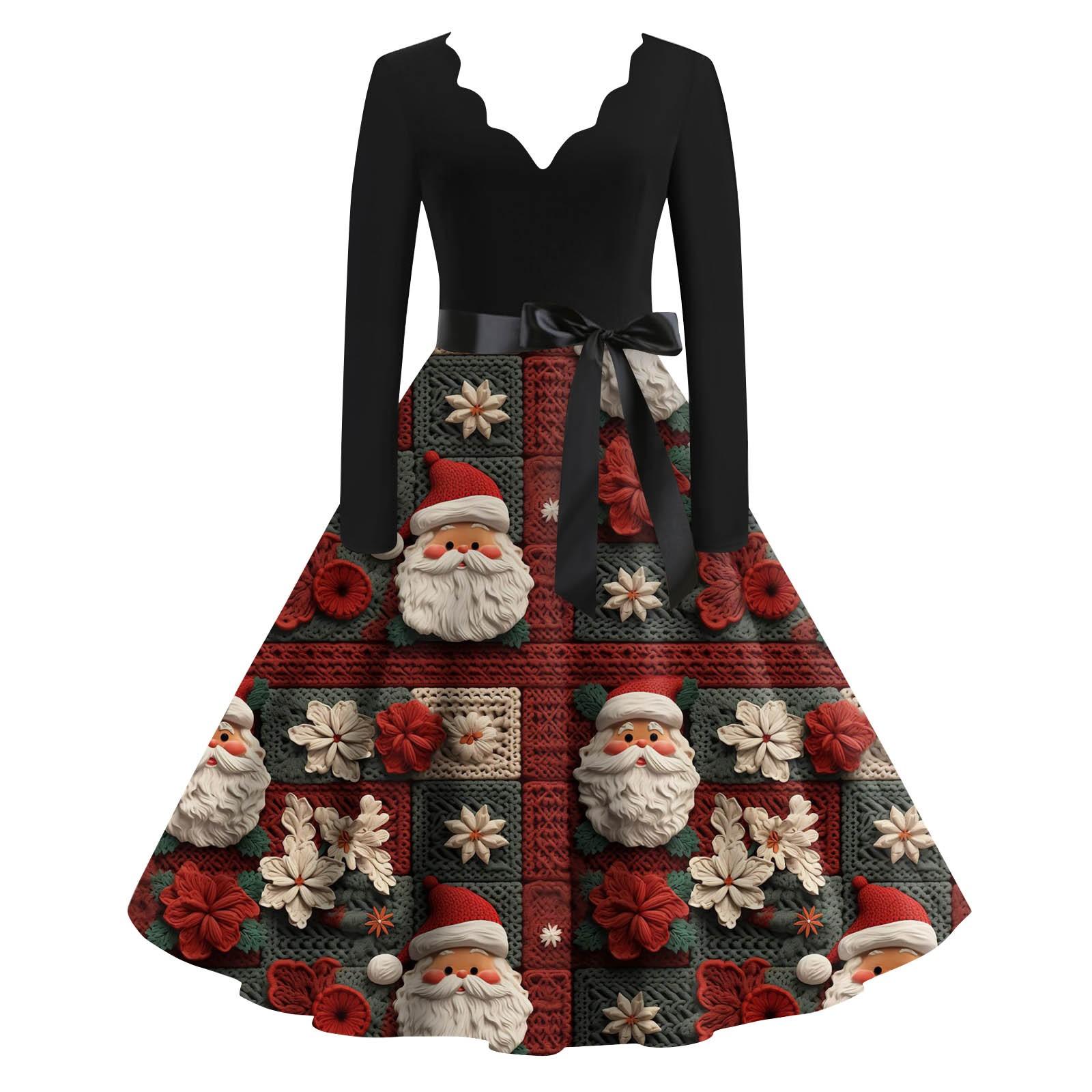 

Женские повседневные модные длинные платья с рождественским графическим принтом и длинными рукавами в винтажном стиле L красный