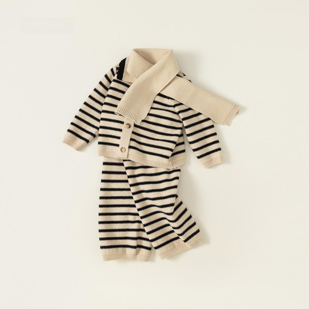 Childrens Striped Knit Threepiece Set With Long Sleeve Pants For Toddler Girls