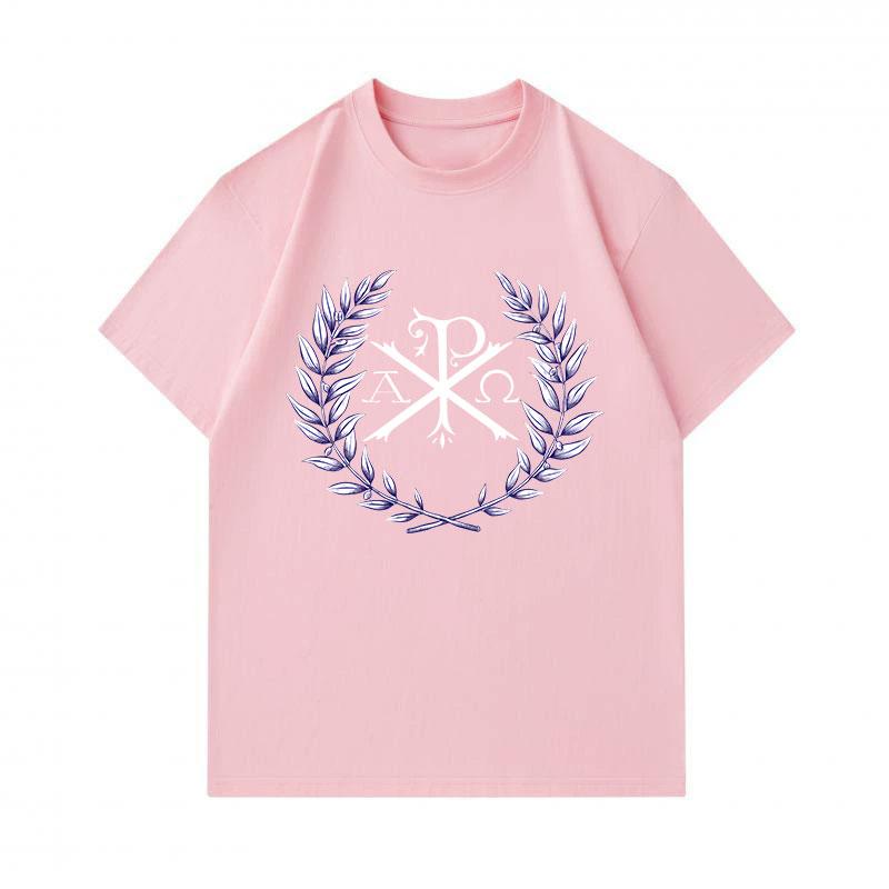 Men's 100% Cotton Crew Neck Short Sleeve T-Shirt, Chi Rho Alpha Omega Laurel Wreath Print Casual Comfortable Breathable Fashion Tee for Daily Wear Rel
