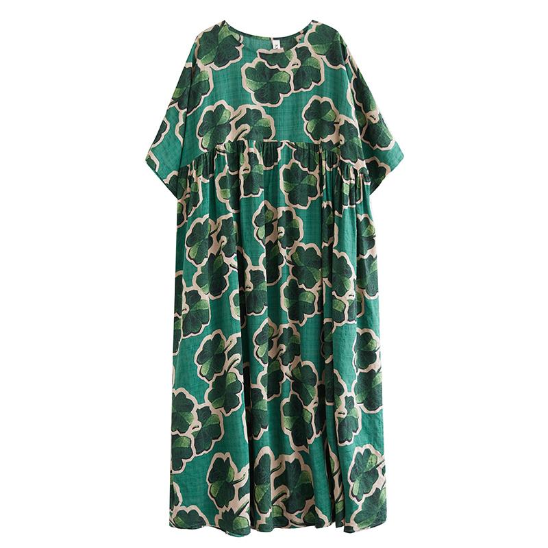 DIMANAF 2024 Plus Size Dress New Summer Basic Loose Women O-Neck Vintage Short Sleeve Big Size Beach Long Dress