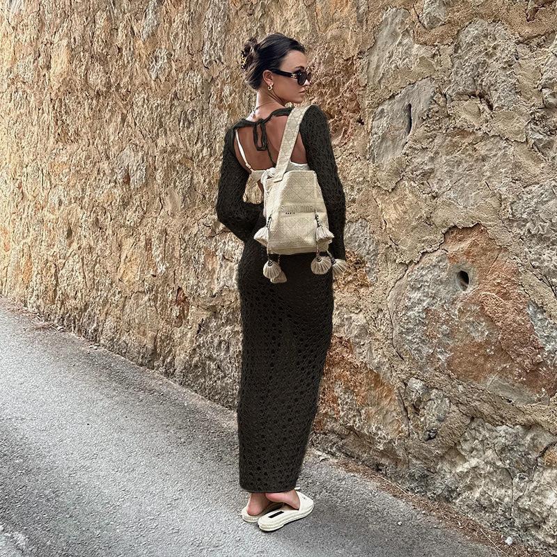 2024 Women's European & American Knitted Beach Dress: Hollow Out, Solid Color, Sexy Backless, Tie-Up, Long Sleeve Maxi Dress & Bikini Cover-Up