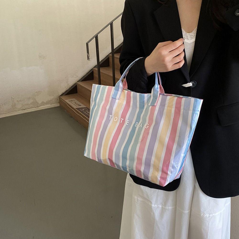 Simple Waterproof PVC Striped Tote Bag Letter Print Large Capacity Transparent Jelly Bag Tote Pouch Stripe Beach Bag Storage Bag