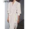 Zaprha 2025 Autumn New With Belt Puff sleeve round V-neck Shirt Midi Dress 8193325