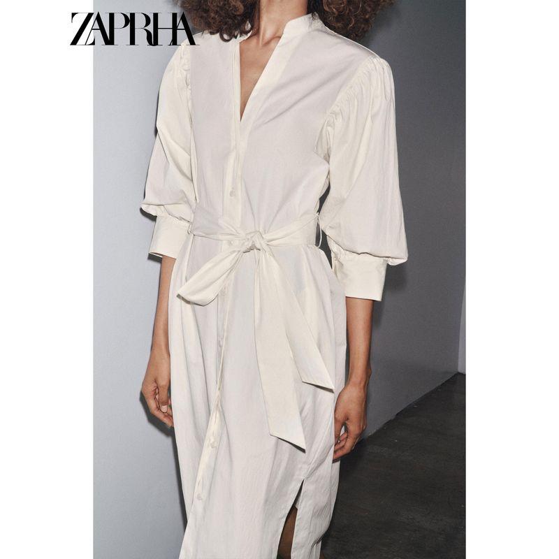 Zaprha 2025 Autumn New With Belt Puff Sleeve Round V-neck Shirt Midi Dress 8193325