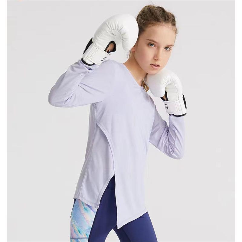 

Весенняя женская быстросохнущая нейлоновая футболка для йоги с дышащими длинными рукавами и боковым разрезом 140 фиолетовый