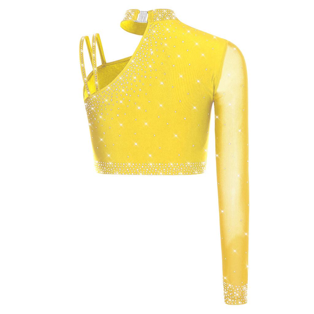 Womens Latin Dance Crop Top Single Long Sleeve Asymmetrical Shoulder Sparkly Rhinestone Top Belly Dancewear