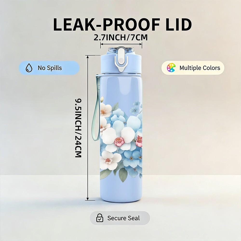 1PC Soft Blue Bouquet Flower 750ml Color Plastic Sports Water Bottle Leakproof Flip Straw Lid Suitable for Sports Office Home Use