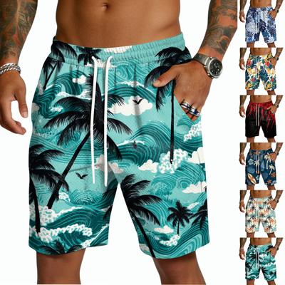 Herren Freizeitshorts mit Kordelzug Leicht Schnelltrocknend Innenbeinlänge Fünf Zoll Hawaiianischer Print Strandbekleidung Badeshorts mit Taschen