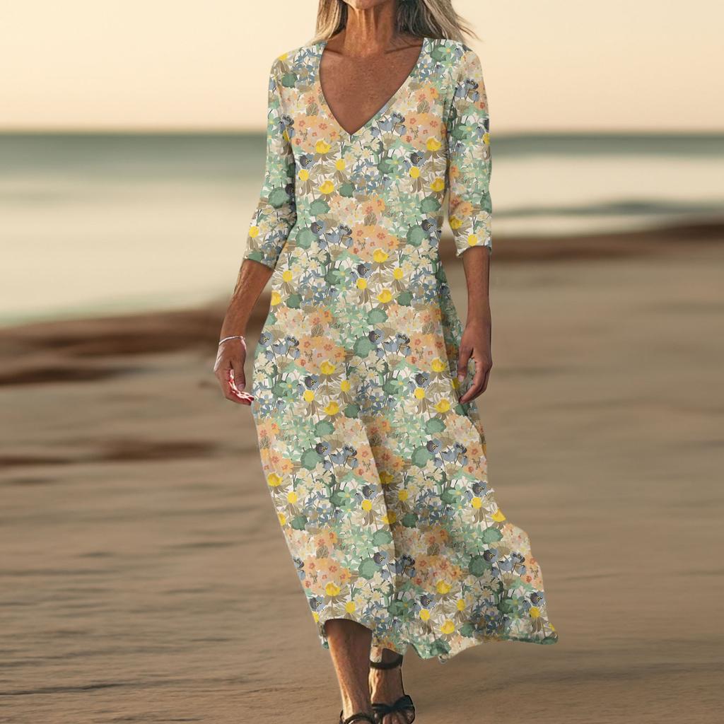 Dresses For Womens Vintage Print Tunic Waisted Midi Dress Summer Casual  3/4 Sleeve Dress
