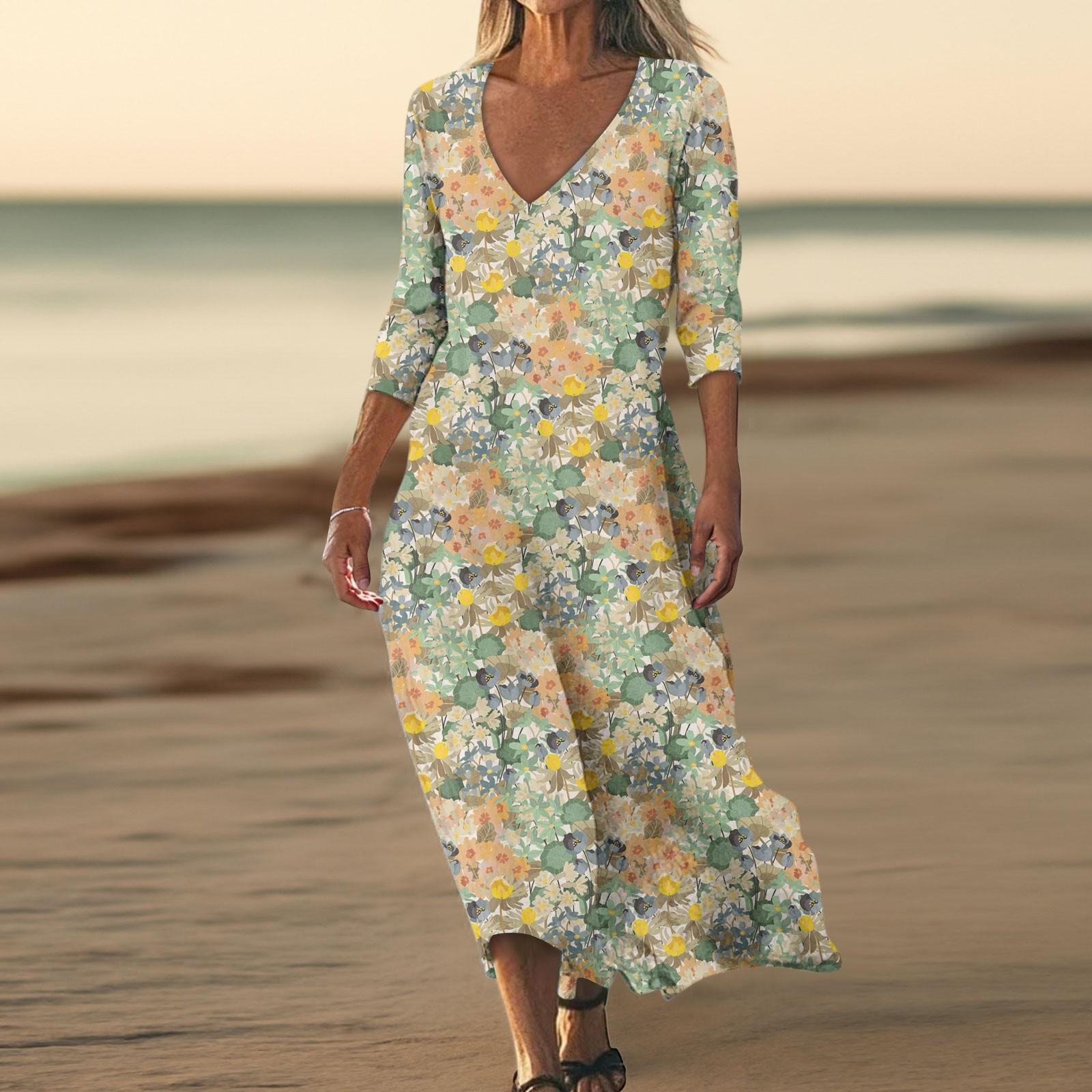 

Сукні Для Жінок Вінтажний Принт Туніка З Талією Міді Сукня Літня Повсякденна Сукня З Рукавом 3/4 XXL жовтий