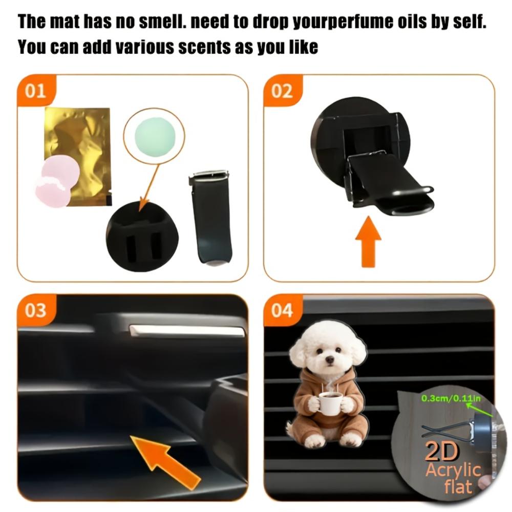Motivo di cucciolo carino piatto 2D, spugna "inodore" senza odori a cui puoi aggiungere la tua fragranza, clip diffusore di profumo, accessori interni per bocchette d'aria