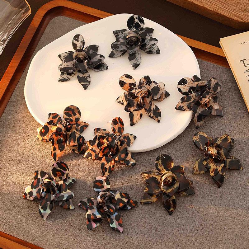 Leopard Print Flower Earrings, High Sense Retro Exaggerated Temperament Earrings, Fashionable Versatile Color Printing Earrings