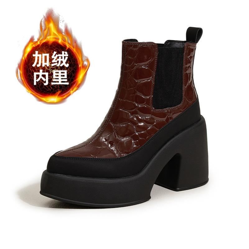 

High-heeled short boots women s 2025 new autumn and winter velvet warm thick-soled heightening boots versatile Chelsea boots cigarette boots 39