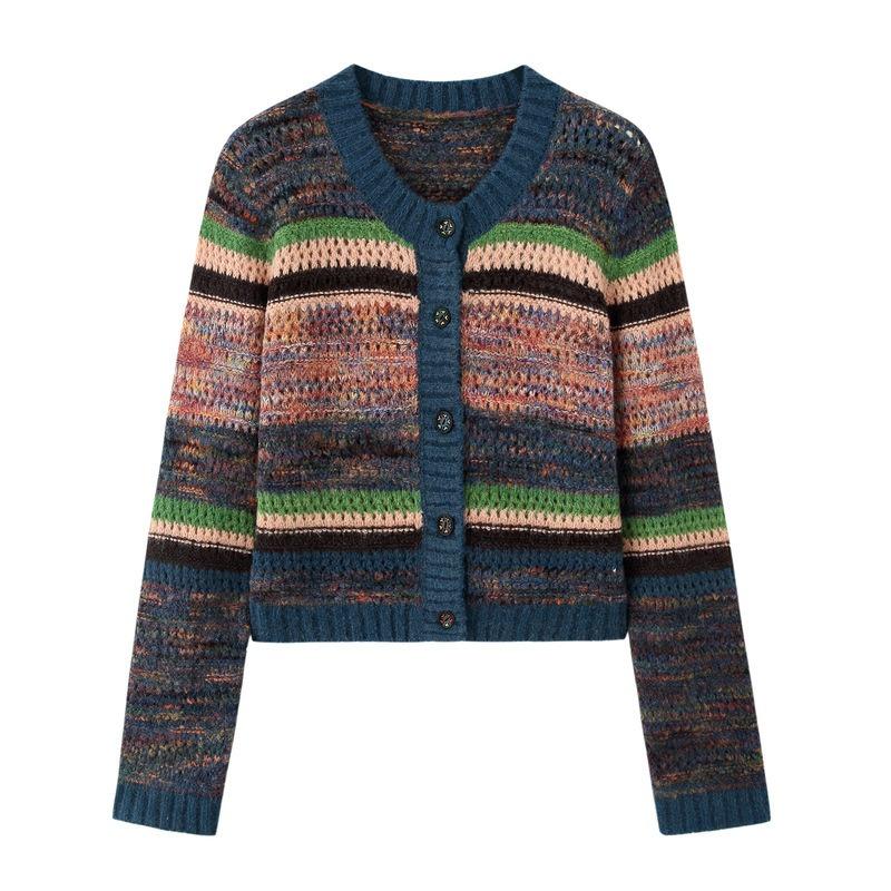 Autumn and winter new women's tops gradual change rainbow stripes long-sleeved cardigan sweater women wear women's knitted sweater