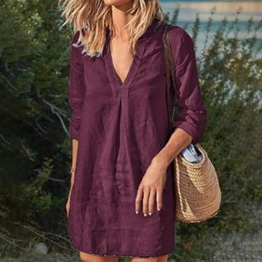 Cotton Linen V Neck 3/4 Sleeve Beach Cover Up Casual Loose Solid Color Oversized Tunic Dress Summer Short Kaftan For Women