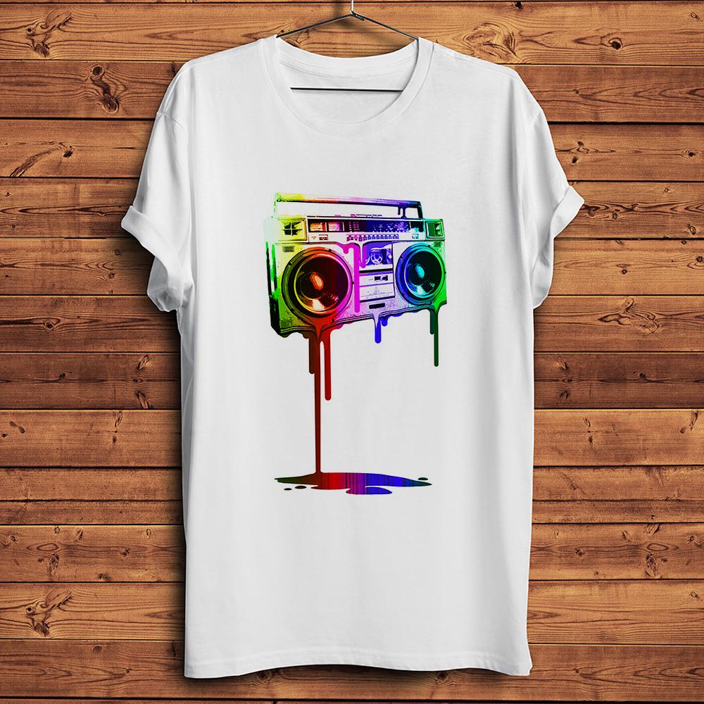 Retro Melting 80s Boombox Funny Vintage TShirt,Men White Casual Homme Cool Hiphop Short T-shirt