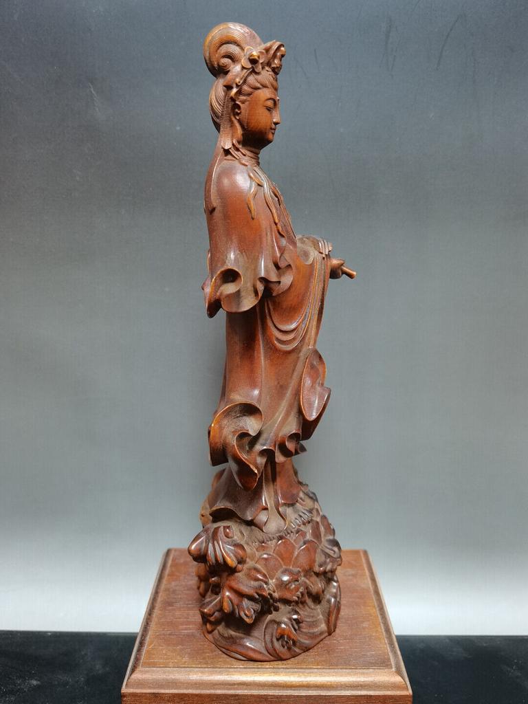 China Antique Decor Wooden Kwan Yin Statue Carved Boxwood Figures Sculpture Art