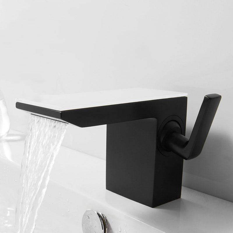 Black Waterfall Bathroom Basin Faucet Brass Deck Mounted Sink Faucet Single Handle Mixer Tap Hot and Cold Sink Faucet