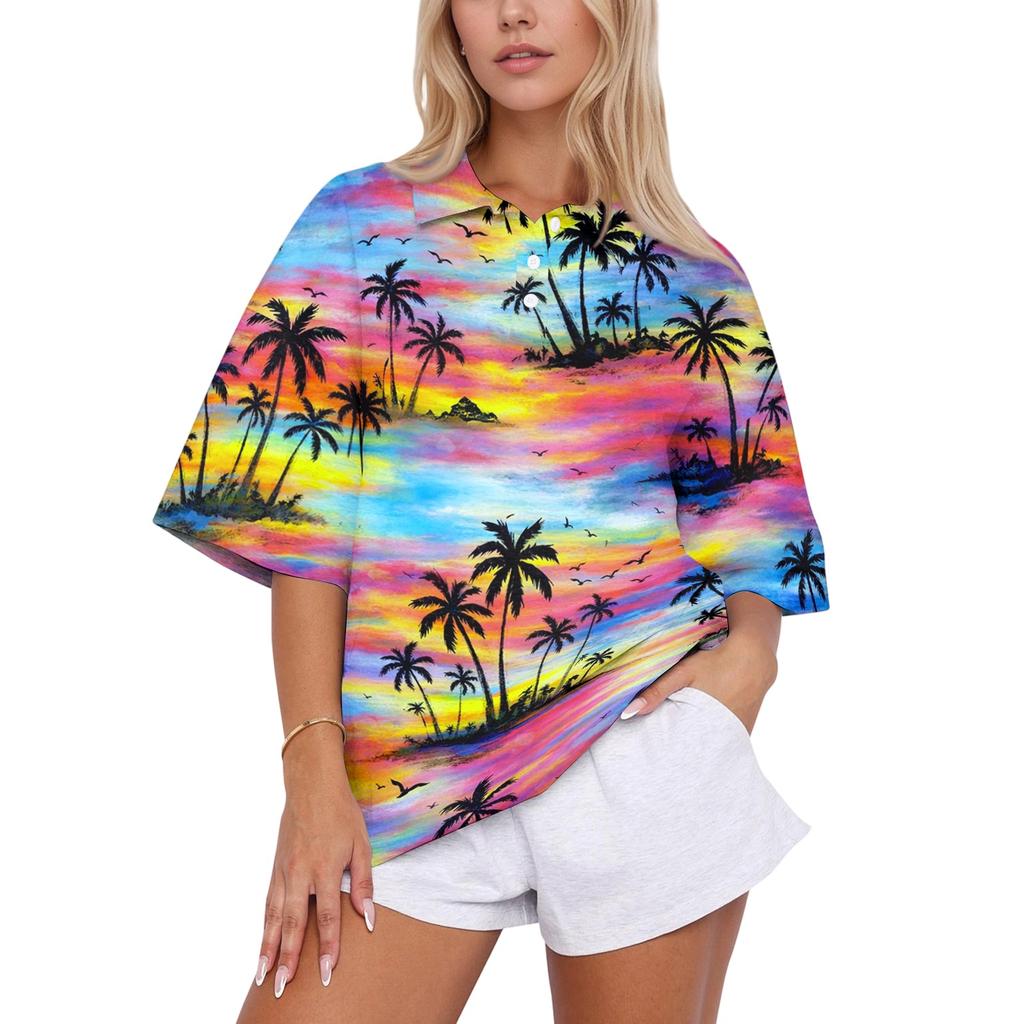 Women Loose Fit Polo Collar Shirt Casual Short Sleeve Top Soft Fabric Printed Blouse Relaxed Fit for Daily Wear Office School Travel