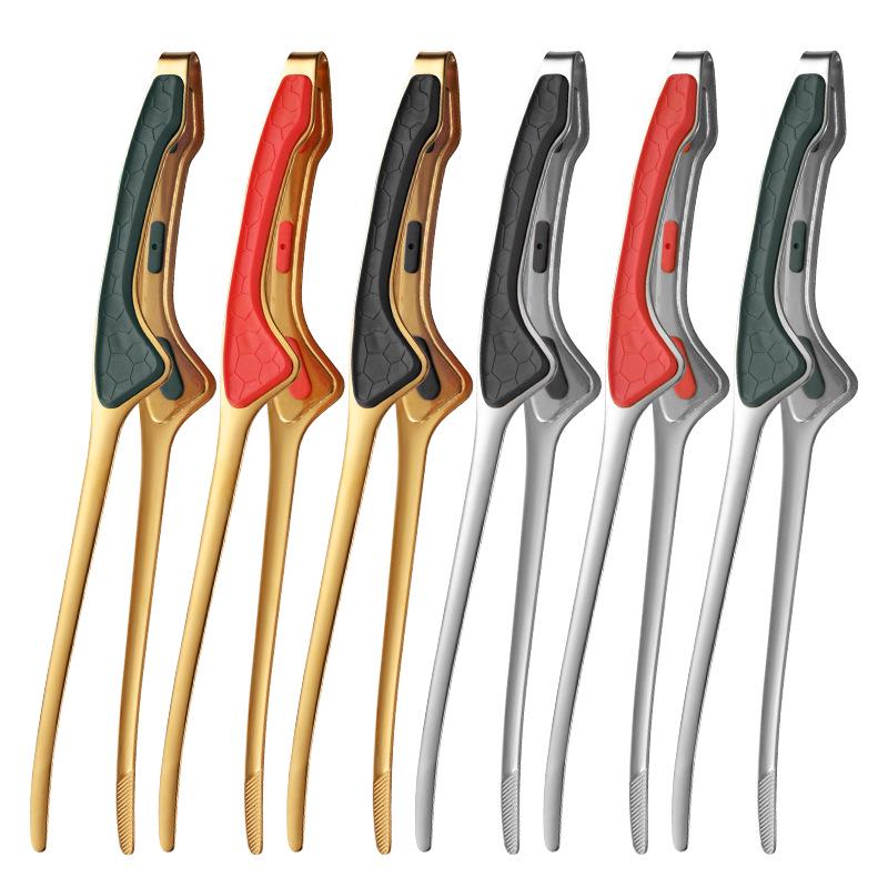 "Korean Style Titanium Gold-Plated 304 Stainless Steel Pointed Tip Tongs with Rubber Handle for Barbecue and Food">
