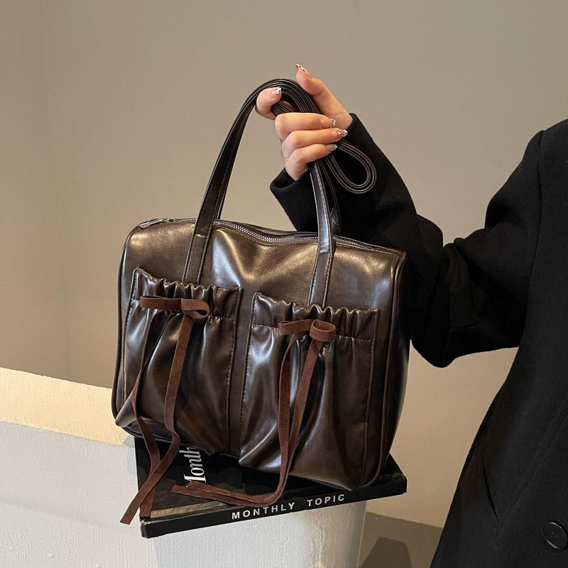 Commuter Vintage Underarm Bag Women's Bow Double Pocket Tote Bag Large Capacity Shoulder Bag