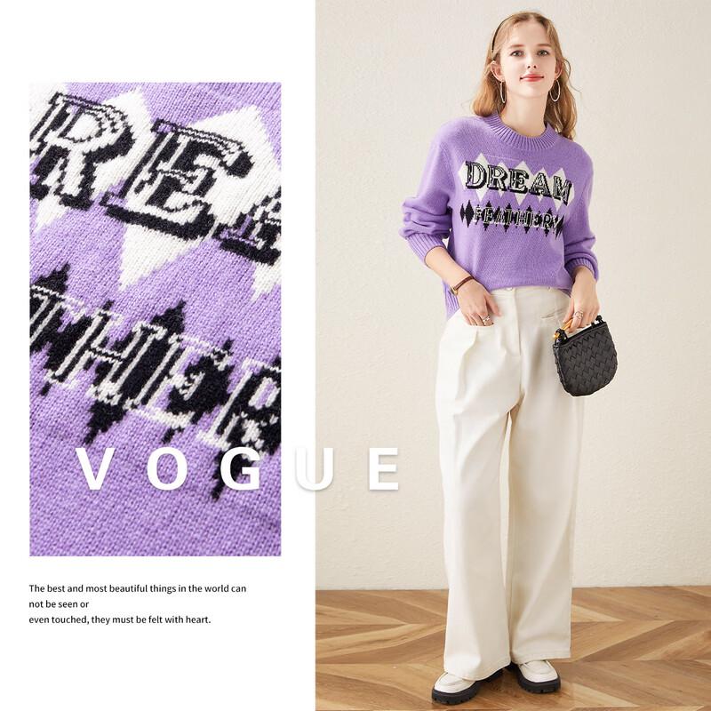 TUHUANG Women's Thick Pure Wool Letter Jacquard Round Neck Sweater