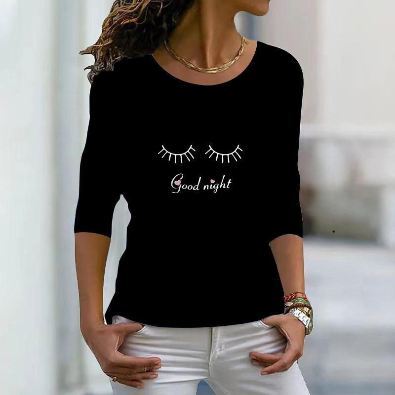 

Топы для женщин с принтом в виде 3D-лица и букв, круглый вырез, длинный рукав, футболка, осенний повседневный тонкий пуловер, женский топ с длинным рукавом 8XL чёрный