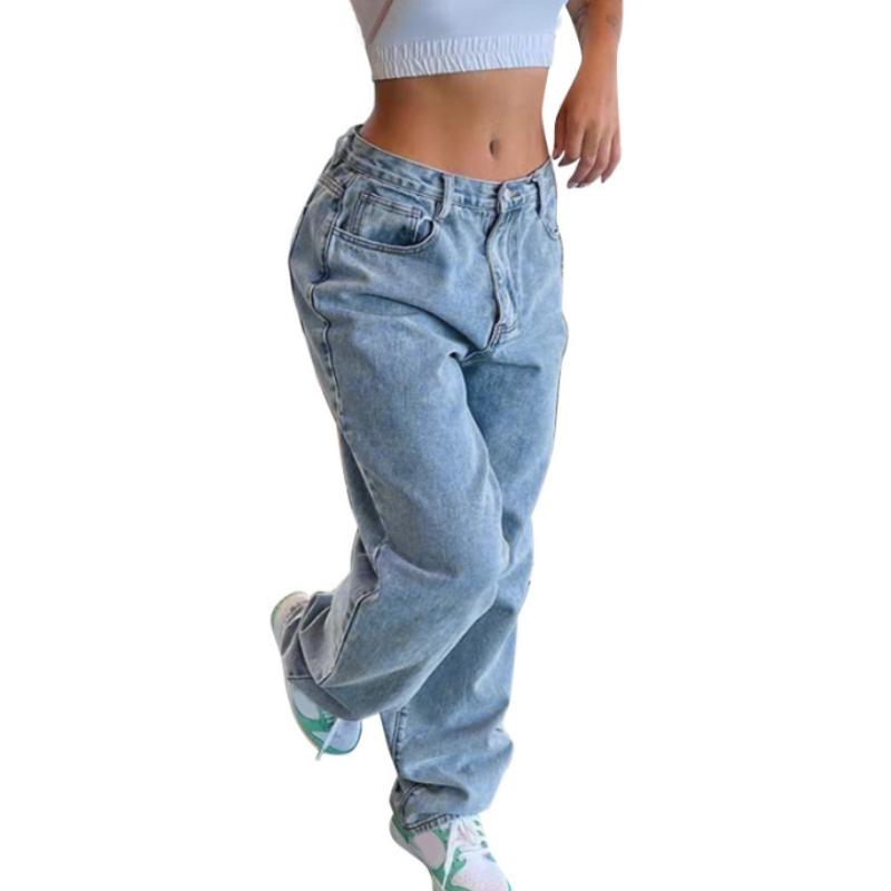 

Ретро широкие джинсы женские джинсовые однотонные с эффектом стирки карманы средняя посадка базовые свободные прямые джинсовые брюки XL синий