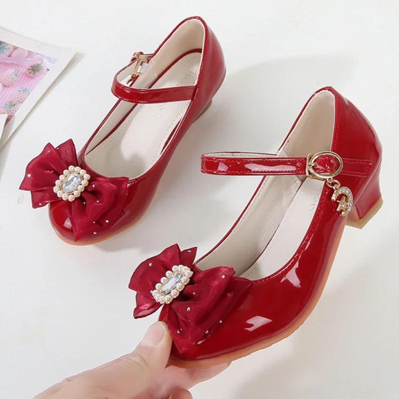 Spring Autumn Children High Heels Sweet Princess Causal Girls Party Dresses Shoes Fashion Bowknot Elegant Kids' Leather Shoes