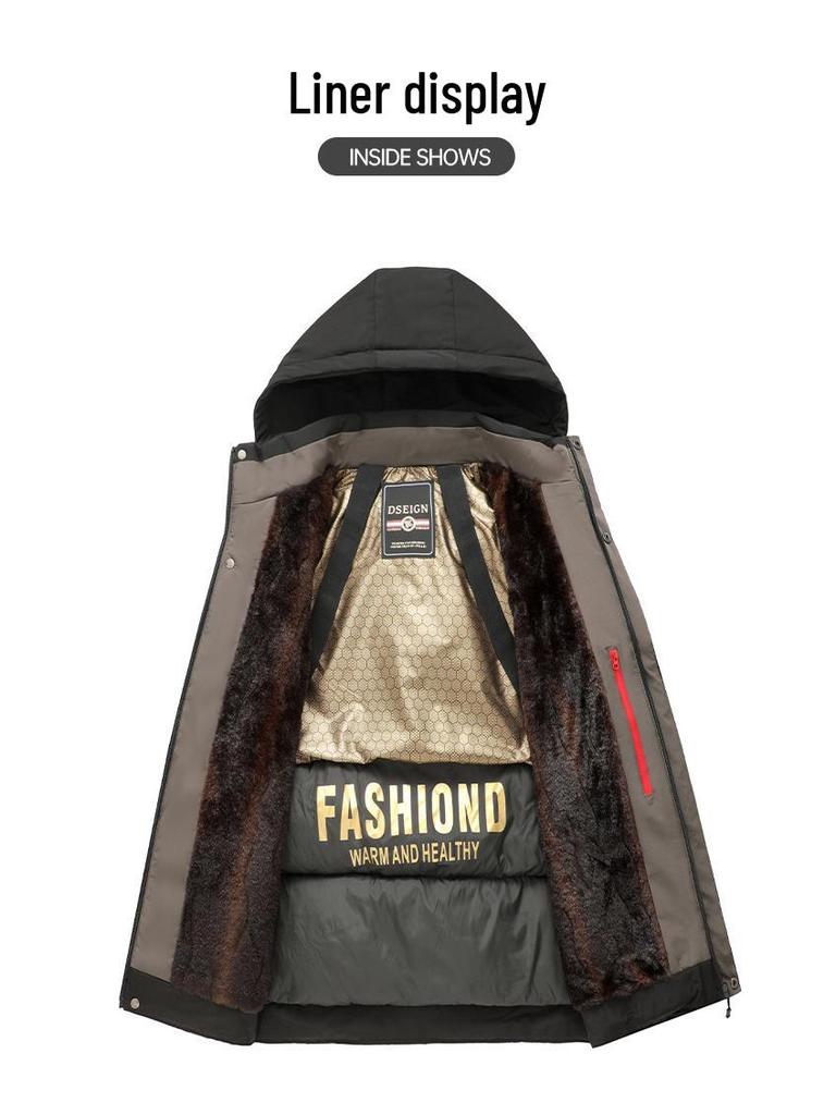 Men's Black Gold Fleece-Lined Hooded Winter Jacket - Thick Warm Cotton Parka for Middle-Aged Dads