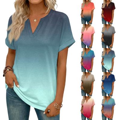 Fashionable Women's Casual V,neck Short,sleeved Gradient T,shirt
