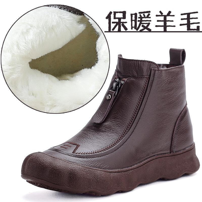Full cowhide wool women's boots thick-soled retro short boots winter middle-aged mother shoes genuine leather boots