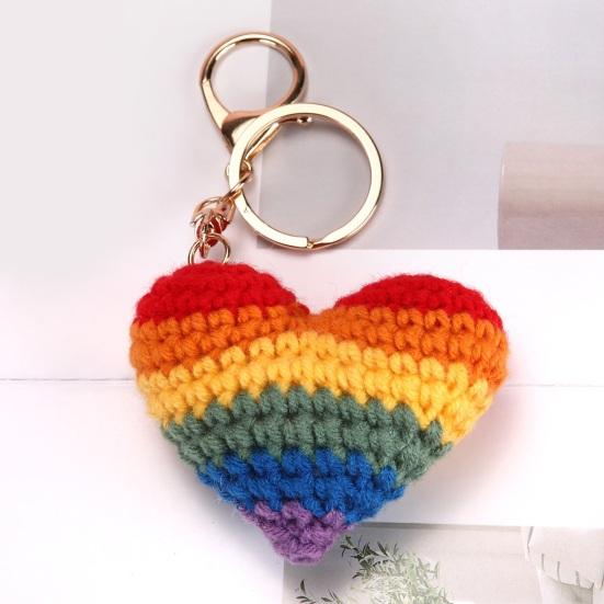 Gestrickter Anhänger Regenbogenfarben Herz Blumenform Häkel-Schlüsselanhänger Weiches Baumwollgarn Handgemachter Taschenanhänger Autoschlüssel Rucksack-Accessoire