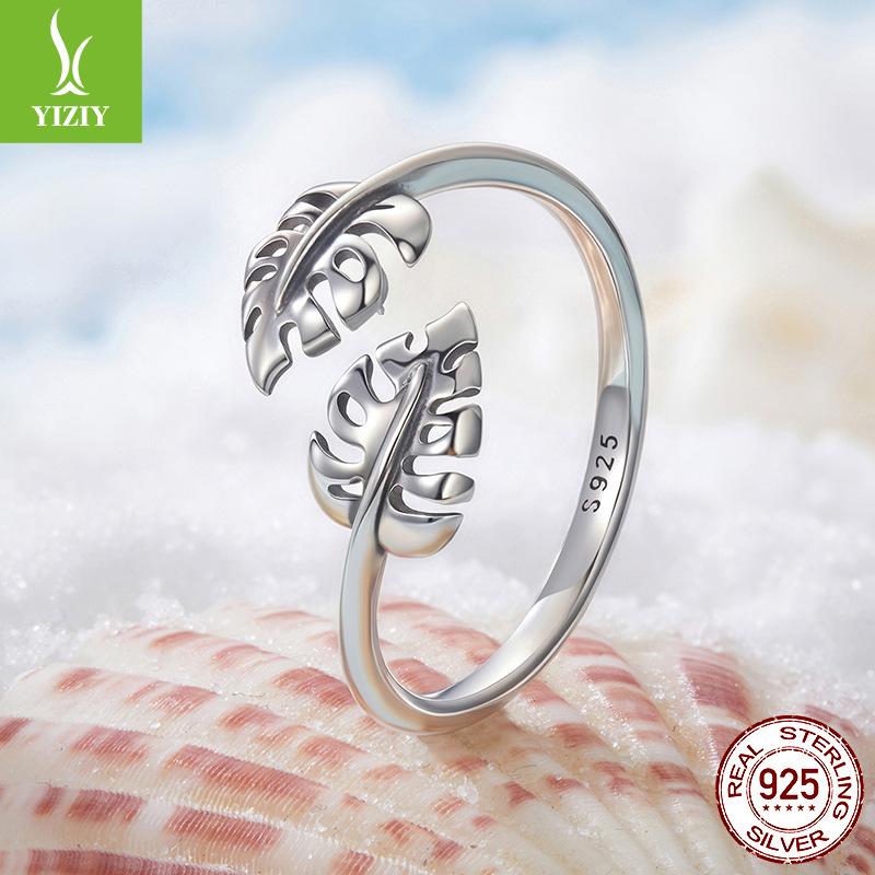 S925 Sterling Silver Turtle Leaf Opening Adjustable Ring, Simple Leaf Sterling Silver Ring Jewelry
