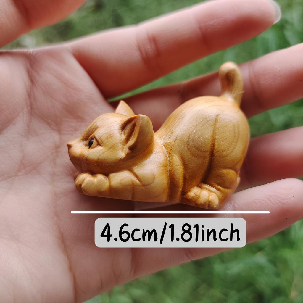 Hand-Carved Wooden Kitten Statue - Lifelike Miniature Cat Decor, No Electricity Needed, Handcrafted Wood Art for Home & Office Desk, Perfect Gift