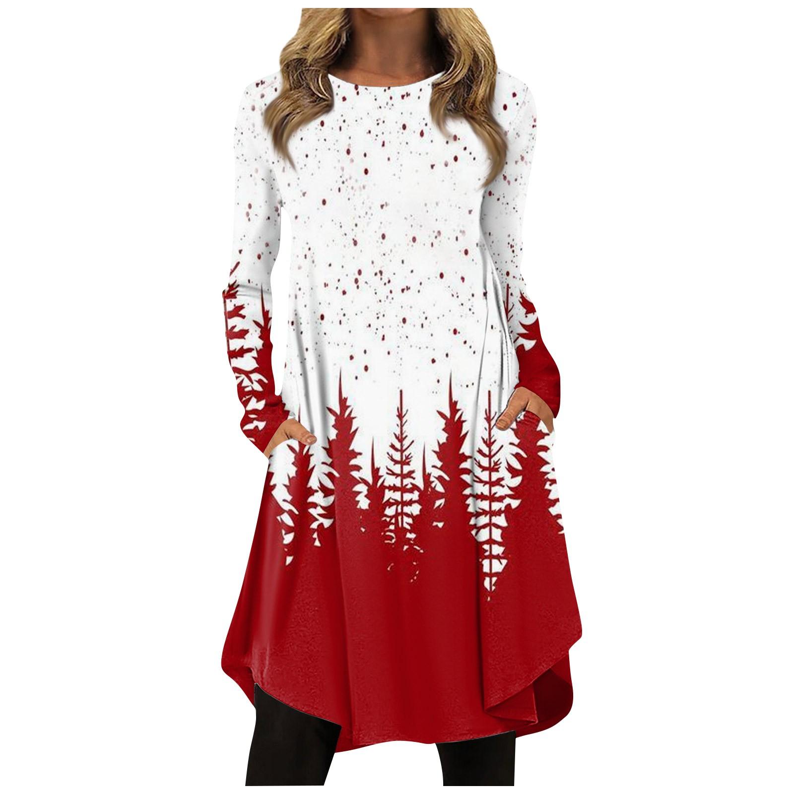 

Women s Fashion Casual Print Round Neck Pullover Loose Long Sleeve Dress XXXL білий