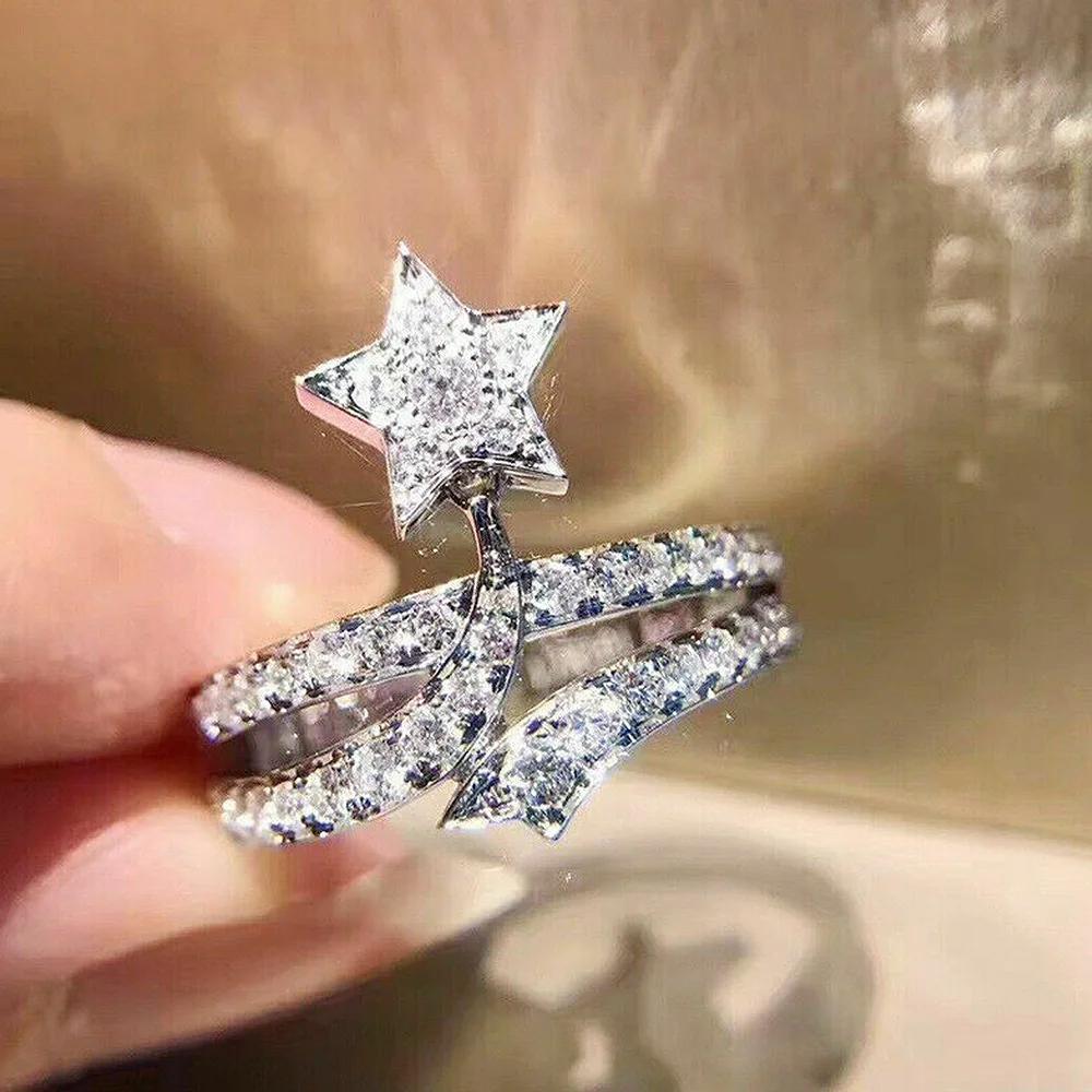 Fashion Female Rings  Sterling SIlver Five Point Star Inlaid Cubic Zircon Rings For Women Promise Love Wedding Band 6