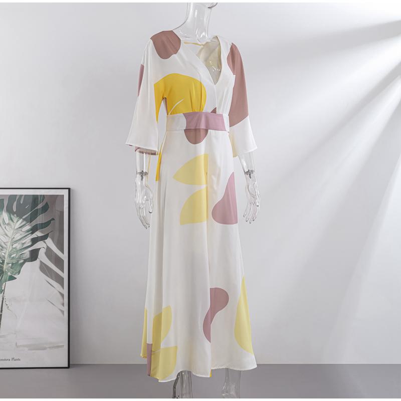 Mode V-ausschnitt Gedruckt Taille-schließen Kleid Frauen Frühling Elegante Schlanke Temperament High-taille Kleider Weibliche Pendler Kleidung