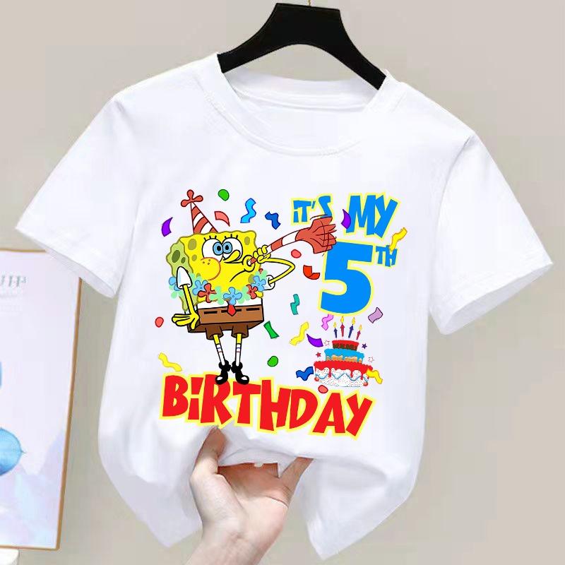 Spongebob New Birthday Figure T-shirt for Children Kawaii Cartoon White Tee Top Kawaii Short Sleeve Boys Girls Short Sleeve Gift