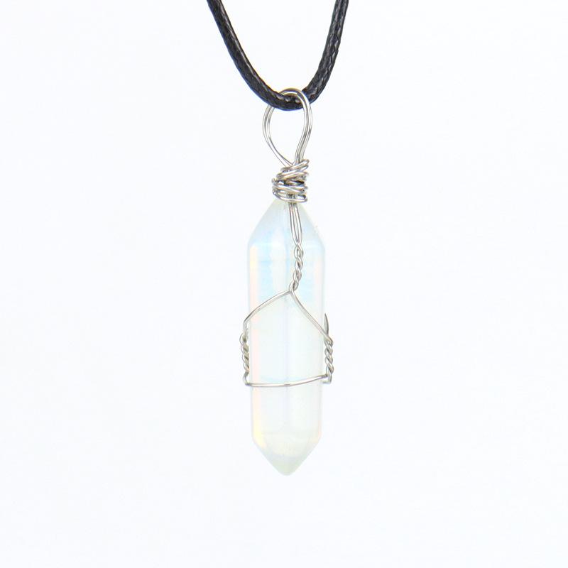 Hand-Wound Natural Stone Crystal Hexagonal Column Pendant Necklace N538 Geometric Beauty