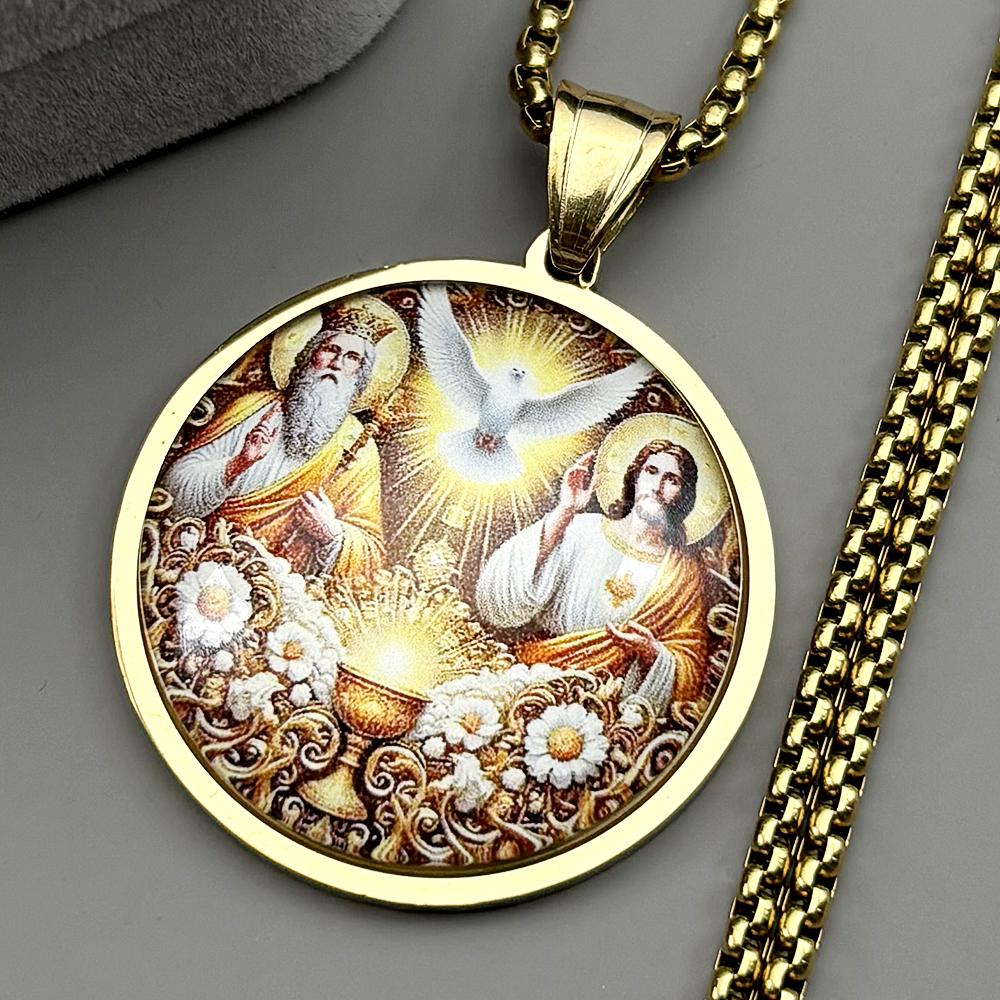 Holy Trinity Father Son Spirit Medal Flower Glass Pendant Necklace for Women Men Stainless Steel Christian Amulet Chain Jewelry