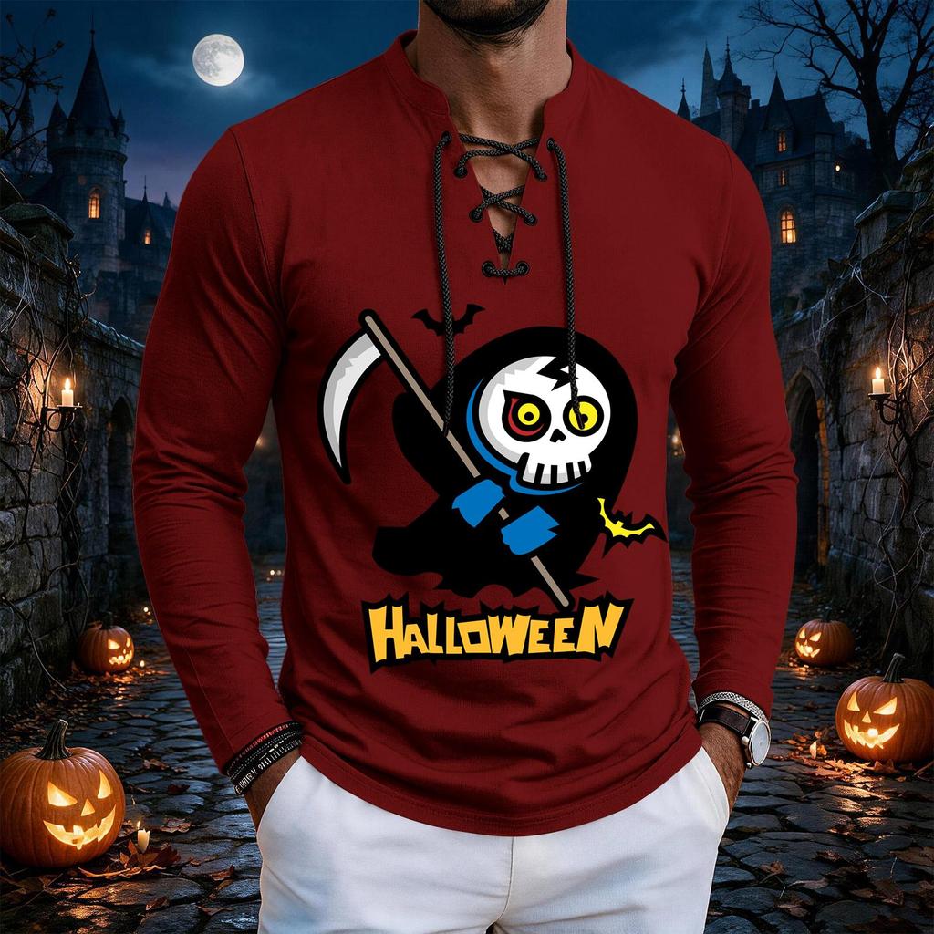 Men's Vintage Halloween Print Lace-Up Long Sleeve T-Shirt