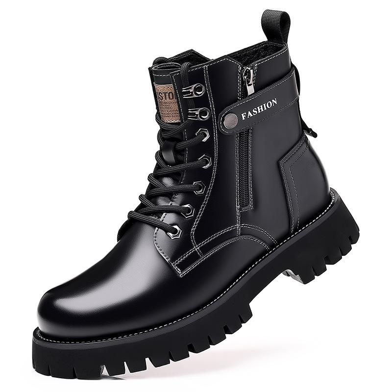 Men's Autumn & Winter Yellow Genuine Leather Boots with Thick Sole, Side Zipper, and Round Toe - Comfortable Mid-High Martin Style.