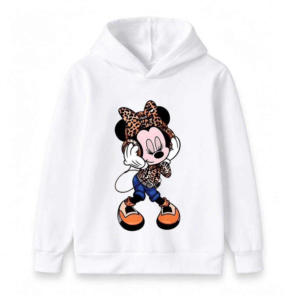 Kids Boys Girls Pullover Hoodie, Trendy Leopard Print Mouse Cartoon Pattern Casual Long Sleeve Hooded Sweatshirt, Soft Warm Streetwear Tops Daily Wear