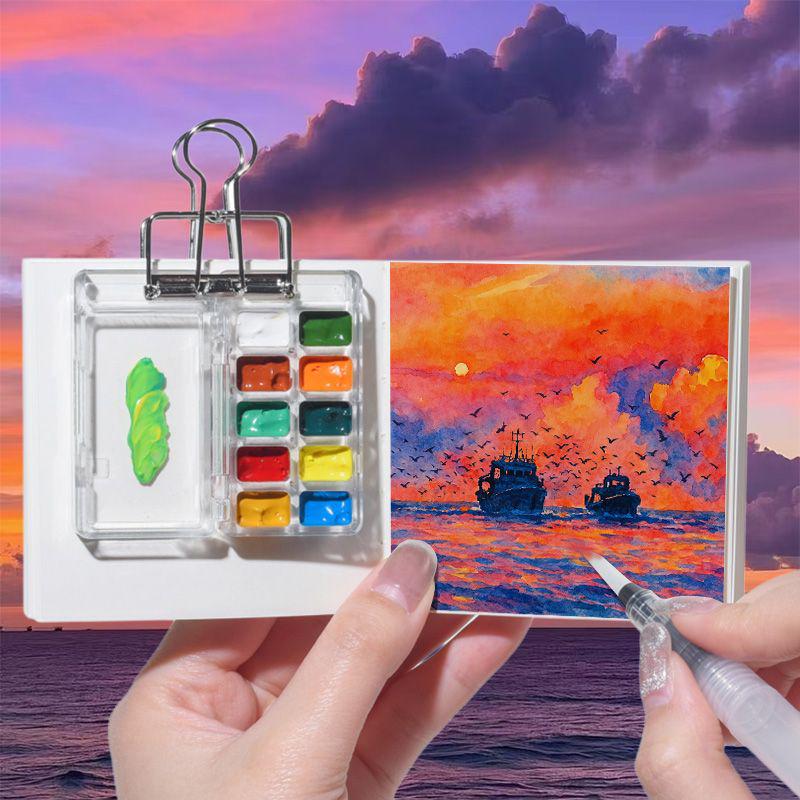 Mini Conjunto de Tinta Aquarela Portátil e Paleta de Diário de Viagem para Estudantes