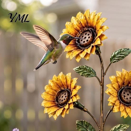 Outdoor Backyard Decorations Vintage Sunflower Hummingbird Feeder, Metal Garden Stake Water Station, Decorative Bird Station Floral Feeding