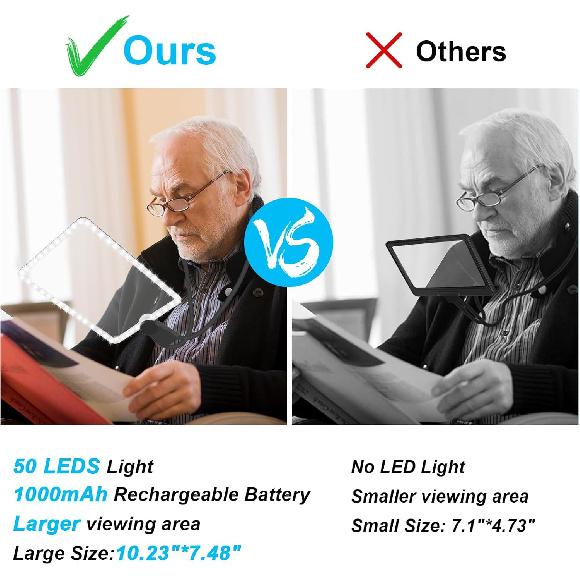 10X Large Reading Hands Free Magnifying Glass with Neck, Large Neck Wear Full Book Page Magnifier for Reading 50 LED Lights, Flexible Gooseneck