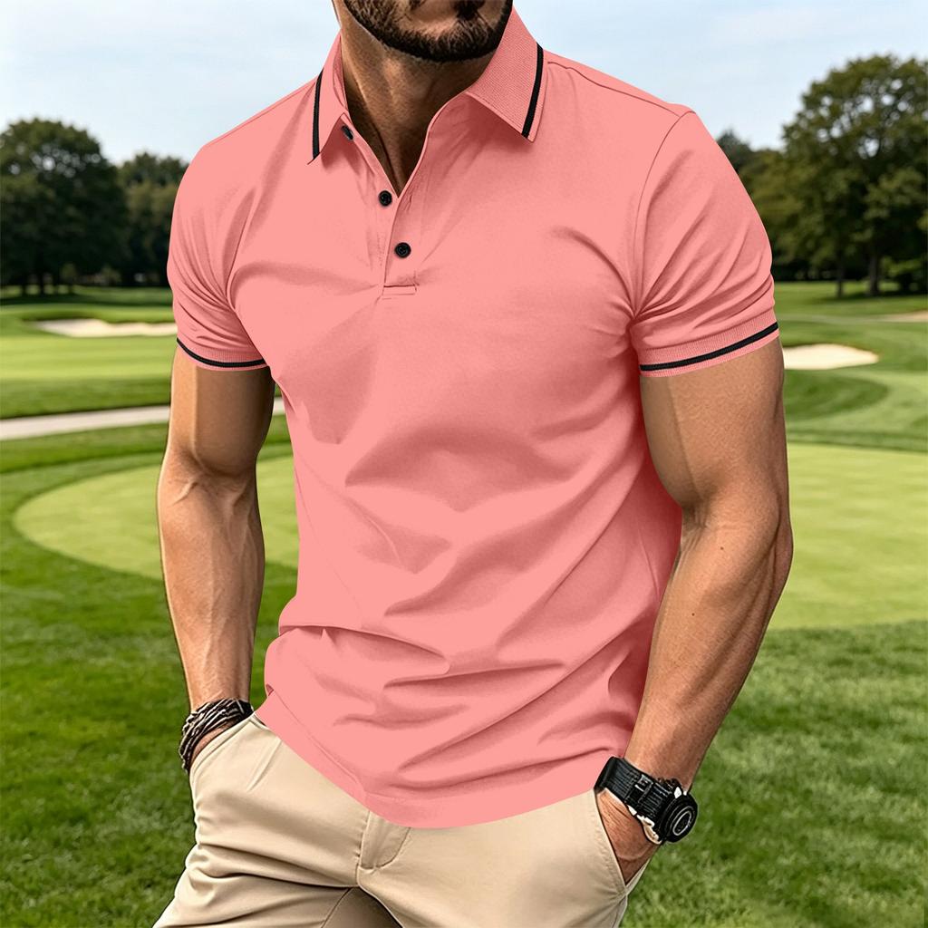 Men's Button Ribbed Collar Polo Shirt Short Sleeve Athletic Fit Casual Lightweight Breathable Fabric Summer Top