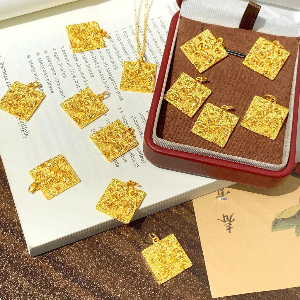 Vintage Gold Koi & Coins Square Pendant Necklace for Women - Elegant Clavicle Chain Jewelry