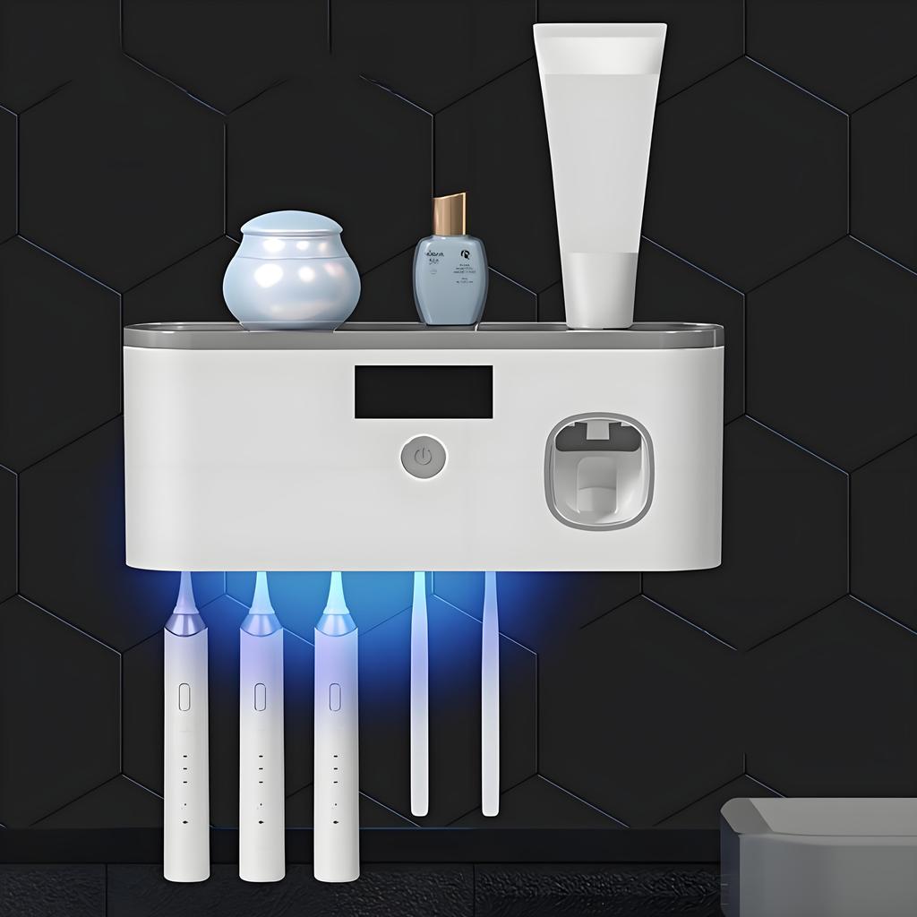 Smart Toothpaste Dispenser Set - Wall-Mounted Organizer with Cup & Brush Holder BPA-Free ABS (Kids-Friendly Adhesive Mount)